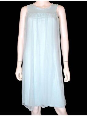 Vintage 60s Pale Blue Nightgown Women's Small Sleeveless Lace Trim Sheer Overlay